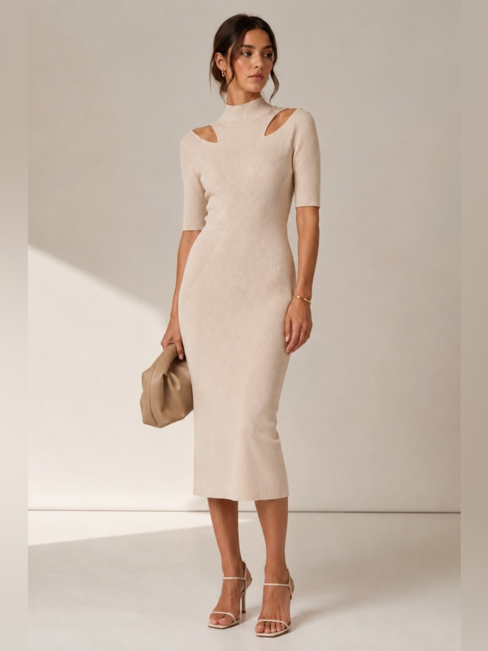 IRO Priscilla Ribbed Knit Midi Dress Cutout Cream NWT Large
